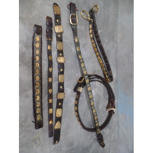 448 - SIX STUDDED STRAPS INCLUDING A GOOD BROWBAND WITH OVAL STUDS AND NICELY TOOLED LEATHERWORK WITH CRIM... 