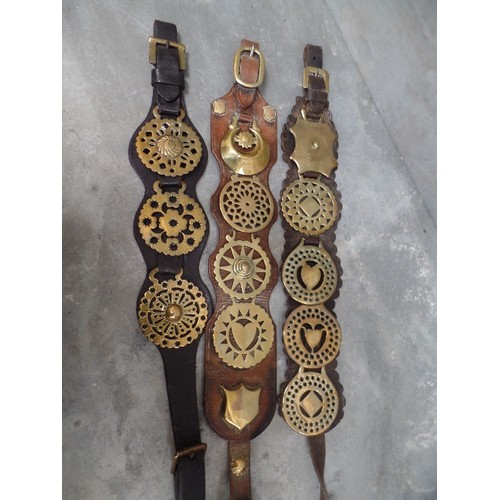 451 - THREE ANTIQUE MARTINGALES WITH SOME 19TH CENTURY BRASSES. INCLUDES A HANDSOME BROWN LEATHER STRAP WI... 