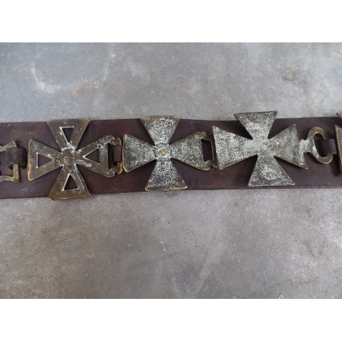 454 - A DISPLAY STRAP WITH TEN CROSS THEMED BRASSES - SOME EARLY EXAMPLES INCLUDING A VICTORIAN UNION CROS... 