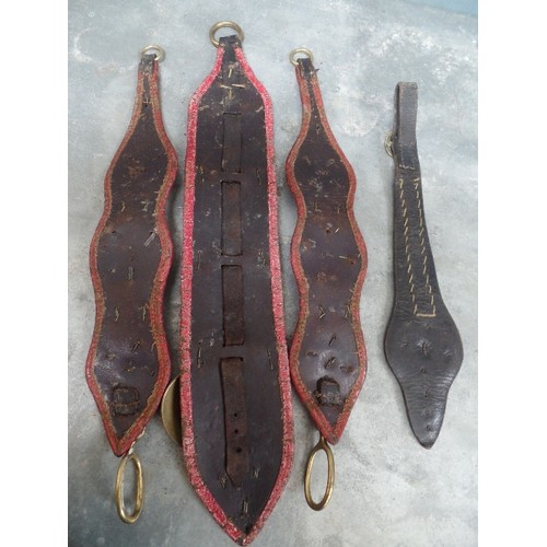 514 - FOUR ANTIQUE MARTINGALES AND HARNESS STRAPS WITH RED PATENT LEATHER DETAIL