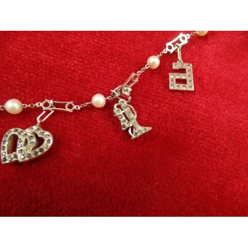 82 - A GOLD AND PLATINUM DIAMOND BRACELET MAIN CHAIN 9CT WHITE GOLD WITH SEED PEARLS A LETTER G CHARM IN ... 