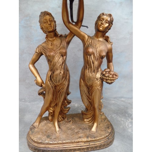 199 - CLASSICAL STYLE GILT TABLE LAMP WITH TWO NYMPH FIGURES - IN GILT RESIN. WITH IVORY SQUARE SHADE. HEI... 