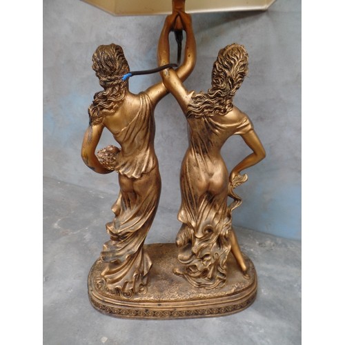 199 - CLASSICAL STYLE GILT TABLE LAMP WITH TWO NYMPH FIGURES - IN GILT RESIN. WITH IVORY SQUARE SHADE. HEI... 