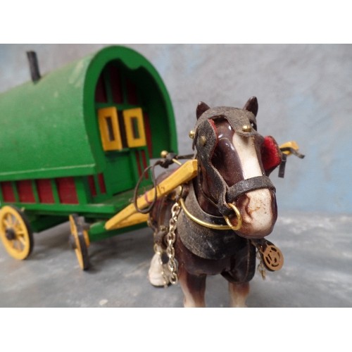 247 - SCRATCH BUILT ROMANY CARAVAN WITH A POTTERY HORSE