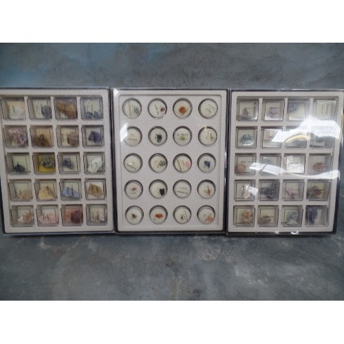 93 - COLLECTION OF MINERALS AND NATURAL STONES  IN THREE DISPLAY CASES. THE INDIVIDUAL STONES IN BOXES WI... 