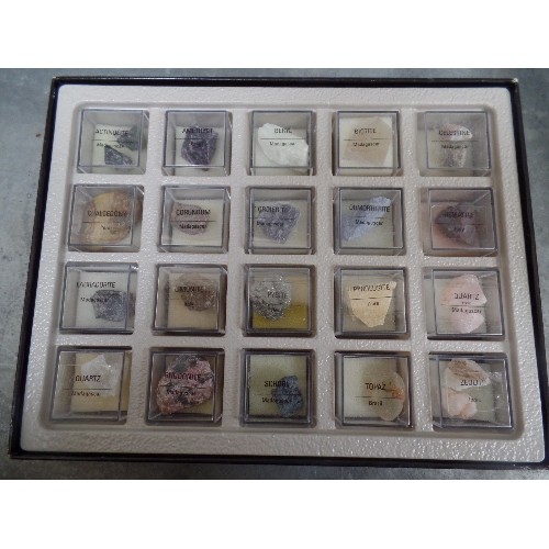 93 - COLLECTION OF MINERALS AND NATURAL STONES  IN THREE DISPLAY CASES. THE INDIVIDUAL STONES IN BOXES WI... 