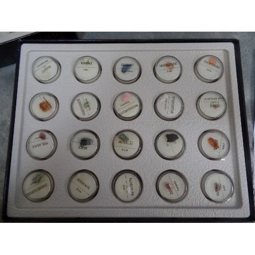 93 - COLLECTION OF MINERALS AND NATURAL STONES  IN THREE DISPLAY CASES. THE INDIVIDUAL STONES IN BOXES WI... 