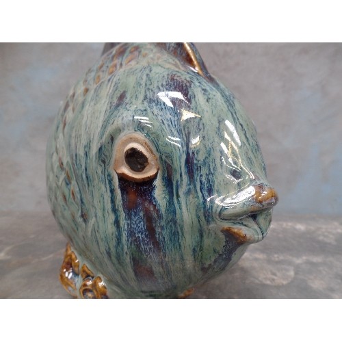 88 - LARGE CERAMIC FISH ORNAMENT IN MOTTLED SHADES OF GREEN AND BLUE - 27CM H X 33CM