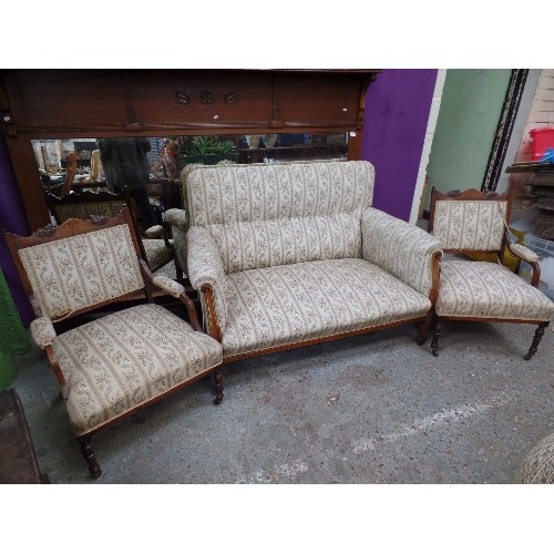 96 - EDWARDIAN ROSEWOOD SALON SUITE WITH BOXWOOD INLAY,  COMPRISING SMALL TWO SEATER SOFA AND A PAIR OF L... 