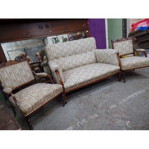 96 - EDWARDIAN ROSEWOOD SALON SUITE WITH BOXWOOD INLAY,  COMPRISING SMALL TWO SEATER SOFA AND A PAIR OF L... 