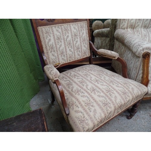 96 - EDWARDIAN ROSEWOOD SALON SUITE WITH BOXWOOD INLAY,  COMPRISING SMALL TWO SEATER SOFA AND A PAIR OF L... 