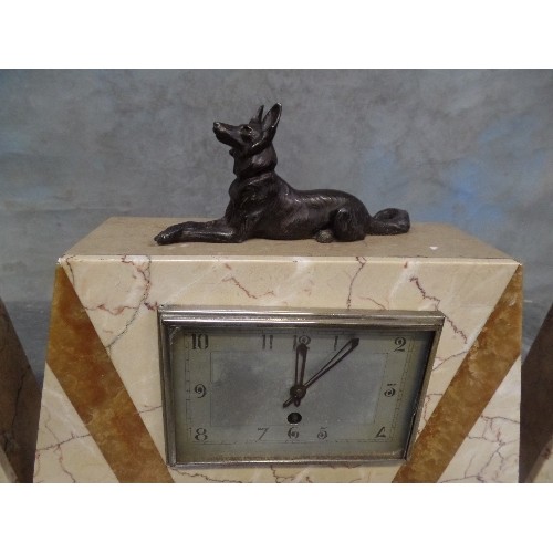 204B - FRENCH ART DECO MARBLE CLOCK GARNITURE WITH SQUARE SILVERED DIAL, SPELTER GERMAN SHEPHERD DOG ON THE... 