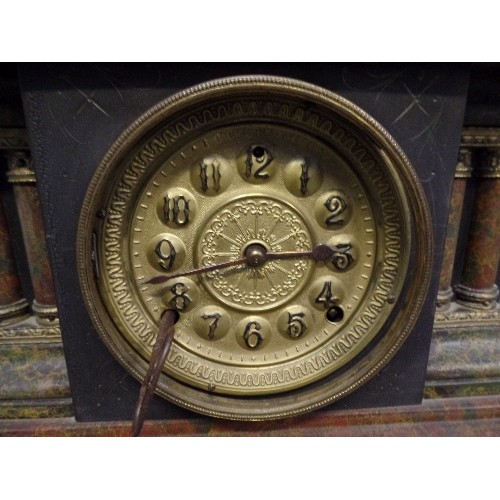 204A - UNUSUAL VICTORIAN FAUX MARBLE MANTLE CLOCK IN THE FRENCH STYLE WITH STAMPED BRASS AND GILDED DIAL. W... 