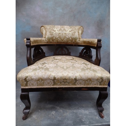 104A - TWO VICTORIAN UPHOLSTERED TUB CHAIRS ON ORIGINAL POT CASTORS, ONE IN CUT VELVET, THE OTHER DAMASK