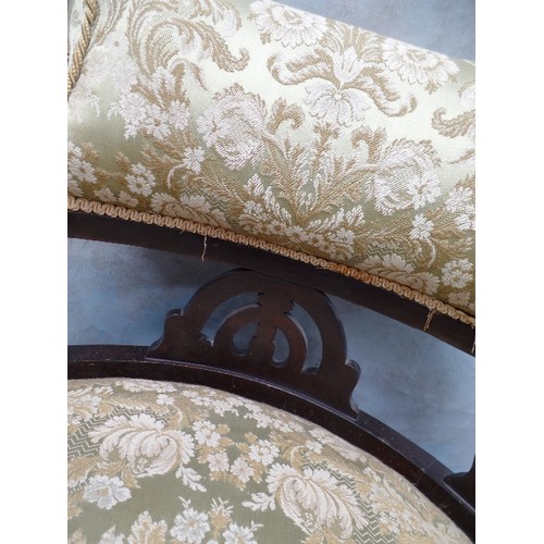 104A - TWO VICTORIAN UPHOLSTERED TUB CHAIRS ON ORIGINAL POT CASTORS, ONE IN CUT VELVET, THE OTHER DAMASK