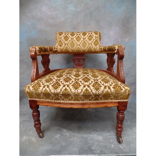 104A - TWO VICTORIAN UPHOLSTERED TUB CHAIRS ON ORIGINAL POT CASTORS, ONE IN CUT VELVET, THE OTHER DAMASK