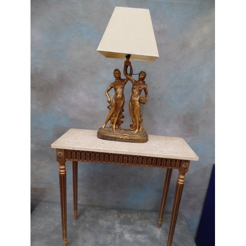 104B - SMALL MARBLE TOPPED SIDE TABLE ON GILT BASE WITH FLUTED LEGS - 76CM X 31CM X 74CM