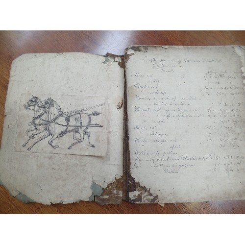 406 - A RARE SADDLER'S HAND WRITTEN NOTE BOOK, CIRCA 1900 SHOWING MEASUREMENTS FOR HARNESSES, BRIDLES, GIG... 