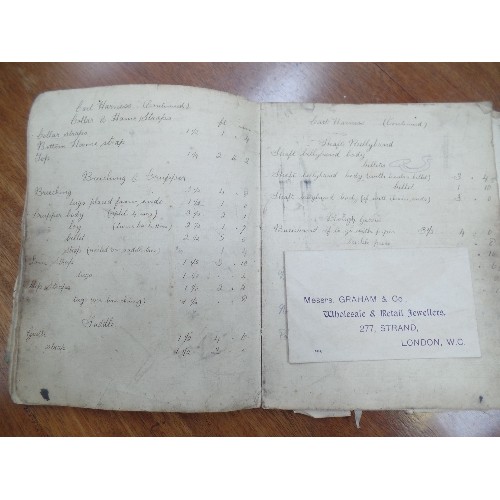 406 - A RARE SADDLER'S HAND WRITTEN NOTE BOOK, CIRCA 1900 SHOWING MEASUREMENTS FOR HARNESSES, BRIDLES, GIG... 