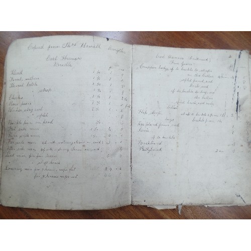 406 - A RARE SADDLER'S HAND WRITTEN NOTE BOOK, CIRCA 1900 SHOWING MEASUREMENTS FOR HARNESSES, BRIDLES, GIG... 