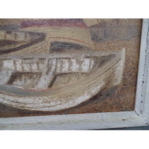 167A - EARLY TO MID 20TH CENTURY ENGLISH NAIVE SCHOOL OIL PAINTING ON TEXTURED BOARD OF BOATS ON A SEASHORE... 