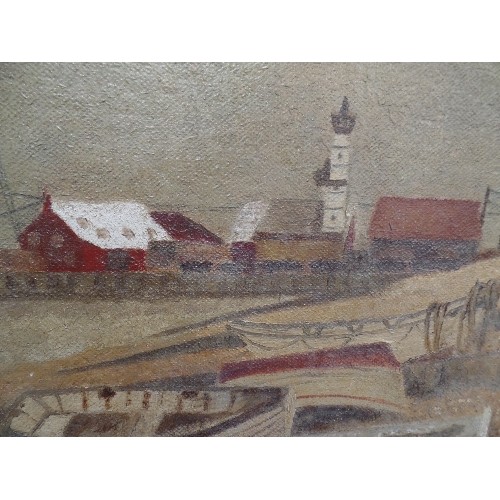 167A - EARLY TO MID 20TH CENTURY ENGLISH NAIVE SCHOOL OIL PAINTING ON TEXTURED BOARD OF BOATS ON A SEASHORE... 