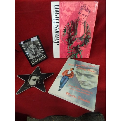 110 - TWO BOOKS ON JAMES DEAN PLUS A FRAMED PHOTO AND STAR PICTURE