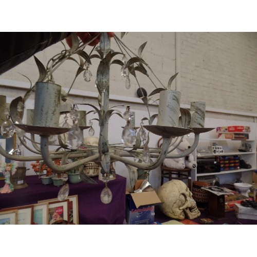 148 - PAIR OF SAGE GREEN 'CHANDELIER STYLE' METAL CEILING LIGHTS, SIMPLE LEAF DETAIL. EACH HAS 8 BULB HOLD... 