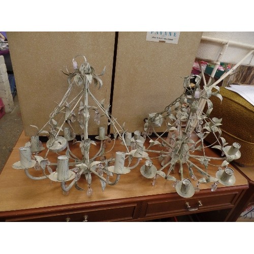 148 - PAIR OF SAGE GREEN 'CHANDELIER STYLE' METAL CEILING LIGHTS, SIMPLE LEAF DETAIL. EACH HAS 8 BULB HOLD... 