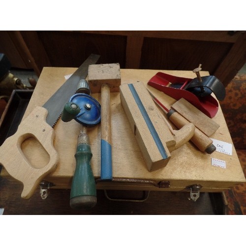 187 - TWO SMALL WOODEN CASED CHILDREN'S CARPENTERS TOOL BOXES WITH TOOLS