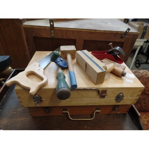 187 - TWO SMALL WOODEN CASED CHILDREN'S CARPENTERS TOOL BOXES WITH TOOLS