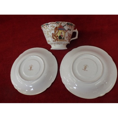 214 - ROYAL CROWN DERBY CUP AND TWO SAUCERS IN ORIENTAL STYLE