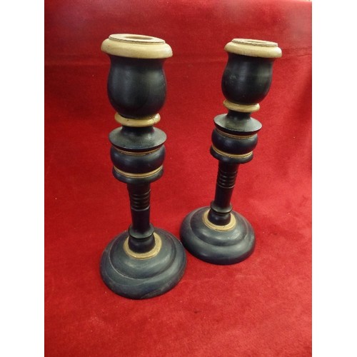 80 - PAIR OF WOODEN CANDLESTICKS PAINTED BLUE AND GOLD