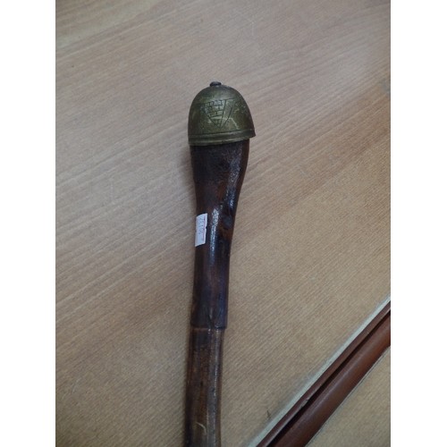 96 - STURDY CANE ROOT WALKING STICK WITH METAL BELL TOP AND SILVER METAL ON THE BASE