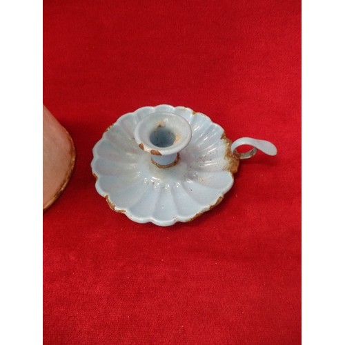 102 - WHITE ENAMEL JUG AND AND A VINTAGE SCALLOPED BLUE CANDLE HOLDER