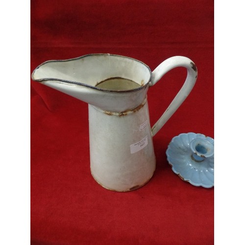 102 - WHITE ENAMEL JUG AND AND A VINTAGE SCALLOPED BLUE CANDLE HOLDER