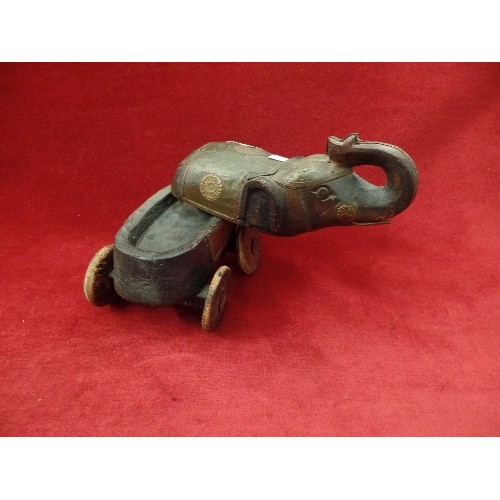120 - REPRODUCTION CARVED ELEPHANT TRINKET BOX ON WHEELS WITH METAL DECORATION