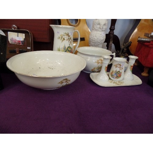 136 - 8 PIECE MATCHING SET -  WASH BOWL AND JUG, DRESSING TABLE SET, LIDDED DISH AND A CHAMBER POT ALL ADO... 