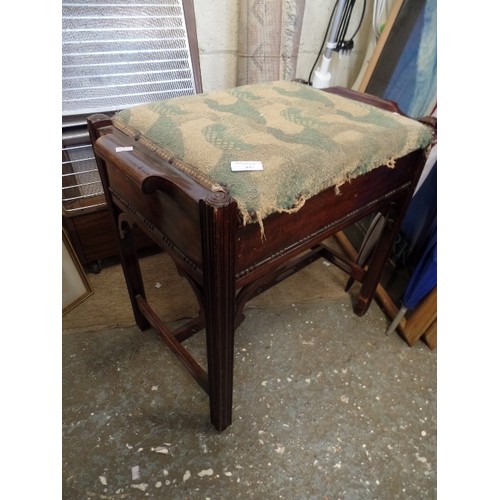 161 - VINTAGE PIANO STOOL. ATTRACTIVE FRAME. SEAT NEEDS NEW FABRIC.