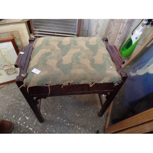 161 - VINTAGE PIANO STOOL. ATTRACTIVE FRAME. SEAT NEEDS NEW FABRIC.