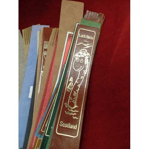 167 - COLLECTION OF VINTAGE SOUVENIR LEATHER BOOKMARKS. LOCH NESS, NATIONAL TRUST ETC. ALSO A TATTED LACE ... 