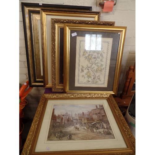 177 - 5 INTERESTING PRINTS & A TAPESTRY, IN ATTRACTIVE GILT FRAMES. VARIOUS SUBJECTS-FRUIT, FLOWERS, VICTO... 