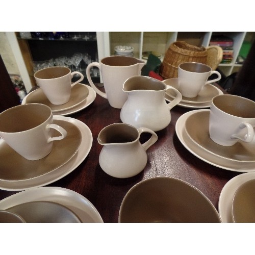 223 - VINTAGE POOLE POTTERY TWINTONE SEPIA AND MUSHROOM. TEA SET. INC 6 X TRIOS, JUGS, SUGAR AND MILK.