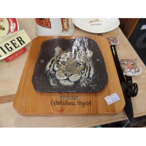 241 - TIGER THEMED LOT. EVERARDS ESSO-TIGER BREWERY ITEMS, ALSO A TIGER WALL PLAQUE, LETTER OPENER AND WAL... 