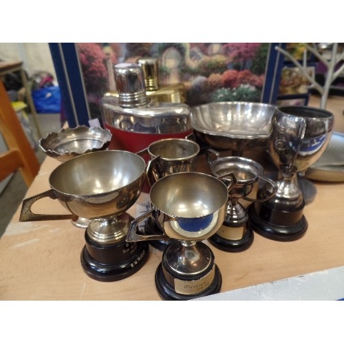 249 - COLLECTION OF VINTAGE 1960'S FOOTBALL TROPHIES. AN ONEIDA BON-BON DISH, 2 WHISKEY FLASKS ETC