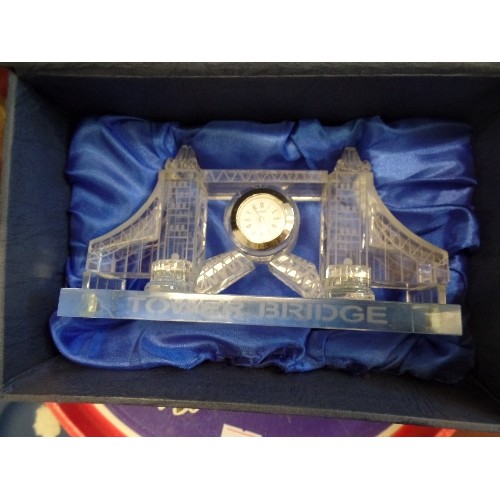 255 - A MINIATURE GLASS CLOCK-SOUVENIR OF 'TOWER BRIDGE' ALSO QUEEN ELIZABETH II COMMEMORATIVE 70'S BISCUI... 