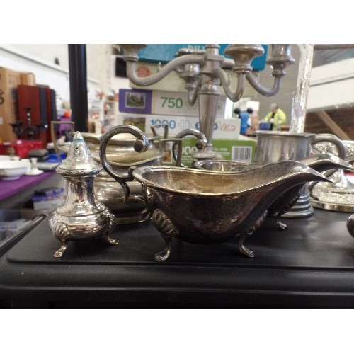 261 - COLLECTION OF SILVER-PLATE ITEMS. CANDELABRA, SAUCE BOATS, TANKARDS, MIRROR, CRUET SET ETC.