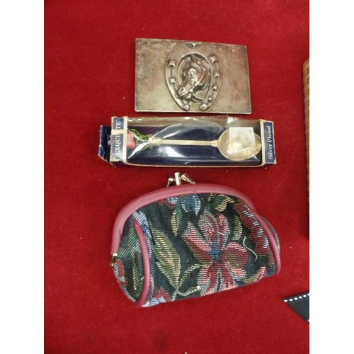 270 - COSTUME JEWELLERY, SILVER-PLATED SOUVENIR SPOON, HORSESHOE BELT BUCKLE, PURSE ETC.