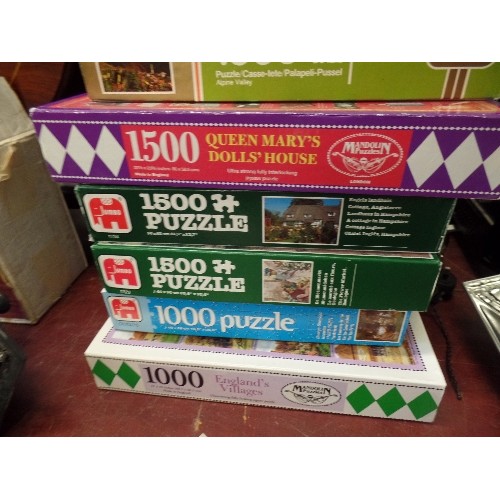 274 - LARGE STACK OF JIGSAW PUZZLES. 1000 & 1500 PC. INC QUEEN MARY'S DOLLS HOUSE, GIRL ON A SWING, COTSWO... 