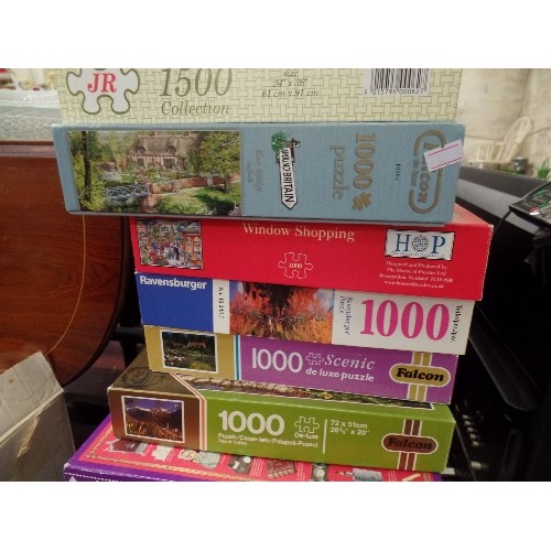 274 - LARGE STACK OF JIGSAW PUZZLES. 1000 & 1500 PC. INC QUEEN MARY'S DOLLS HOUSE, GIRL ON A SWING, COTSWO... 